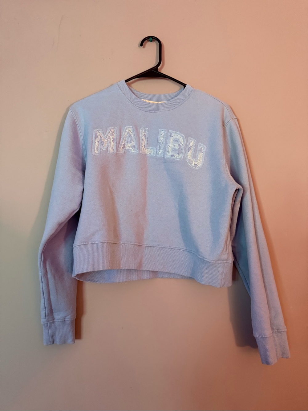 MALIBU Embroidered Light Blue Cropped Crewneck Sweatshirt
